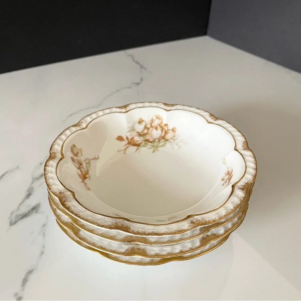 SET of 4 Brown Rose Bowls with Gold Trim 6.25